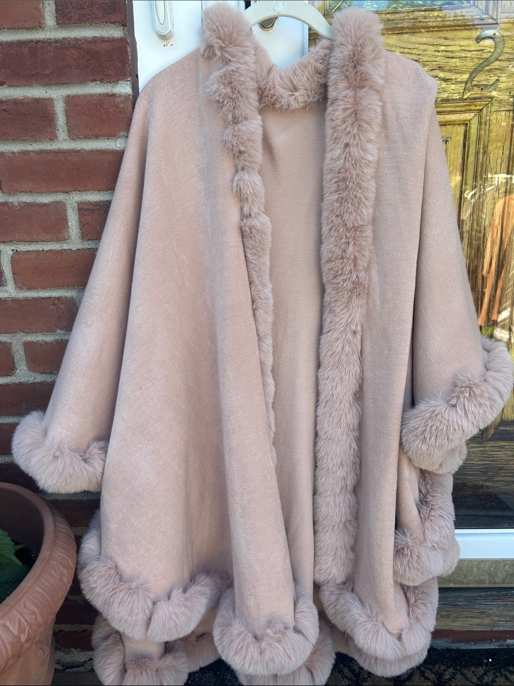 Elegant Women's Blush Faux Fur Trim Cape Coat
